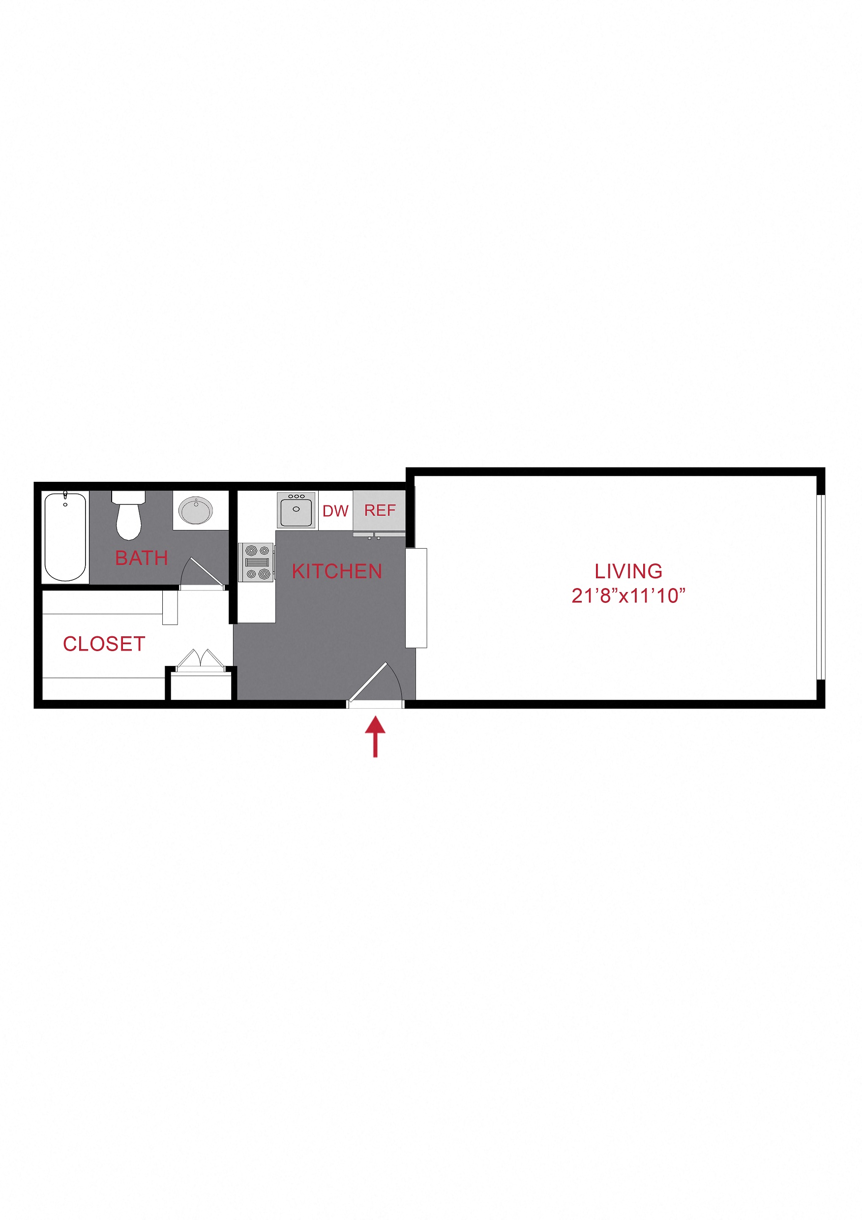 Floor plan for 1 bed, 1 bath, 620 sqft